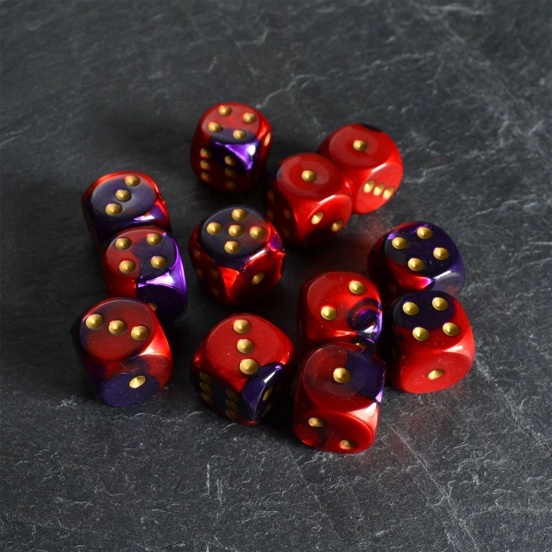 Chessex Tabletop Gemini Purple/Red/Gold D6 Set 4 Chessex Tabletop Gemini Purple/Red/Gold D6 Set