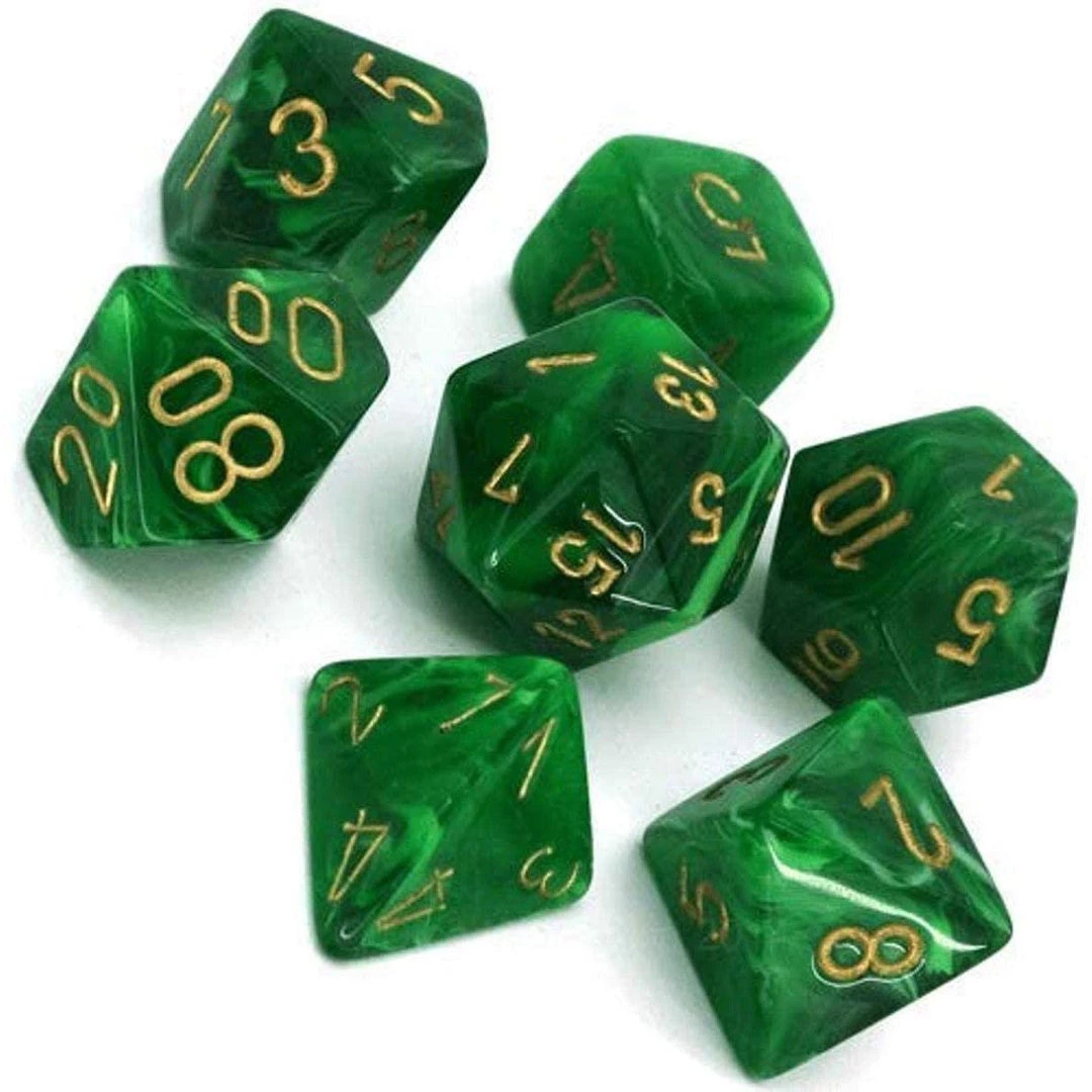 Chessex Vortex Green/Gold Polyhedral 7 Die Set Tabletop 3 Chessex Vortex Green/Gold Polyhedral 7 Die Set Tabletop