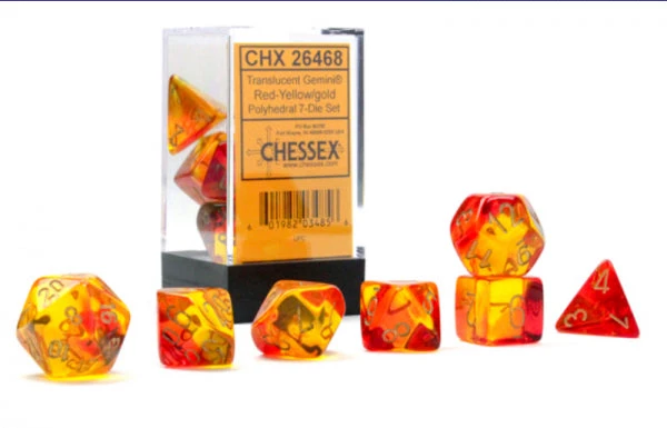 Chessex Tabletop Gemini Polyhedral Translucent Red-Yellow/Gold Luminary 7 Die Set 3 Chessex Tabletop Gemini Polyhedral Translucent Red-Yellow/Gold Luminary 7 Die Set