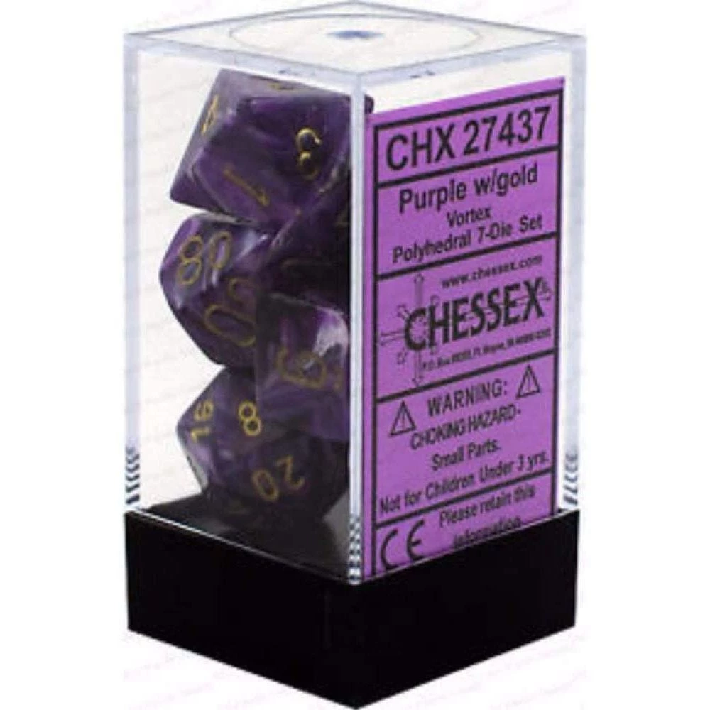 Chessex Vortex Purple/Gold Polyhedral 7 Die Set Tabletop 4 Chessex Vortex Purple/Gold Polyhedral 7 Die Set Tabletop